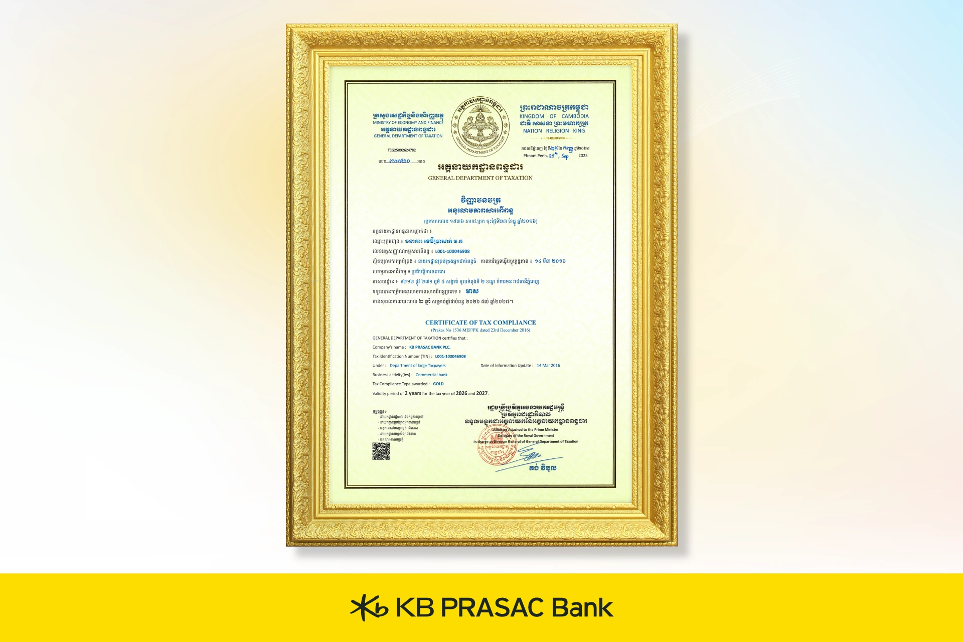 KB PRASAC Bank Receives Prestigious “GOLD” Certificate of Tax Compliance for 2026–2027